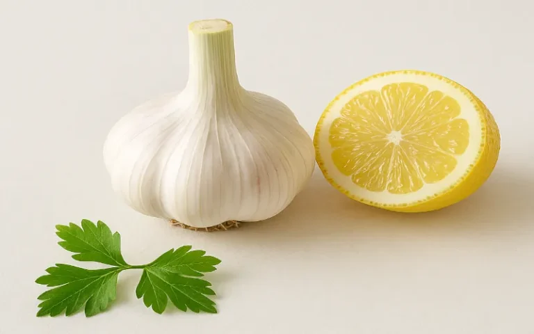 Ajo fresco sobre fondo claro con hojas de perejil y limón al lado