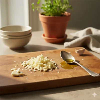 dientes de ajo frescos sobre tabla de cocina