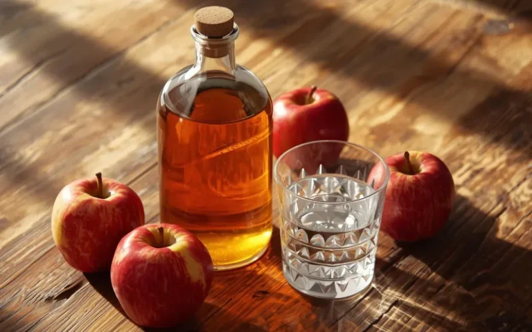 botella en mesa rustica de vinagre de manzana